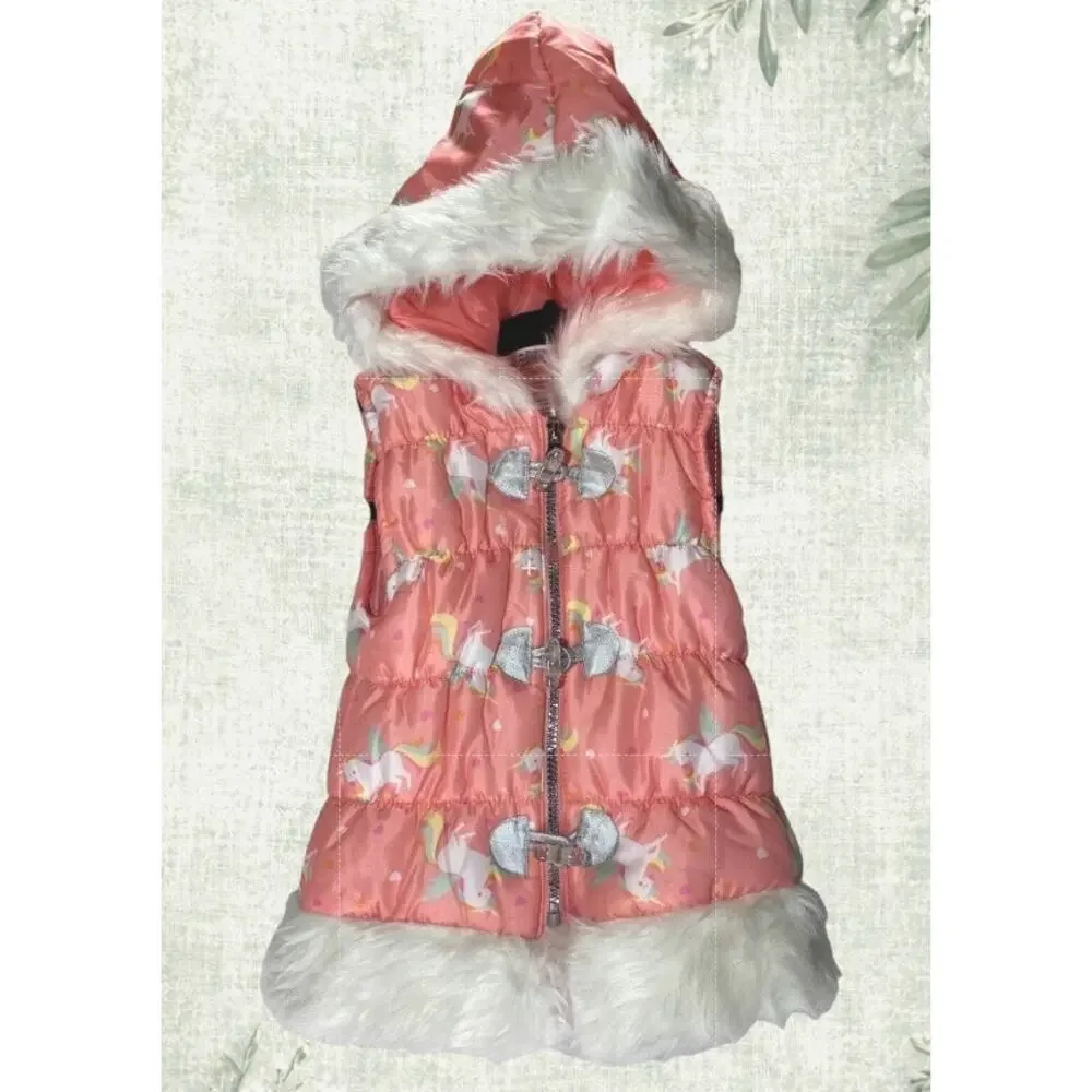 Little Lass Girls 5T Unicorn Puffer Vest Pink Faux Fur Hood Silver Toggles
